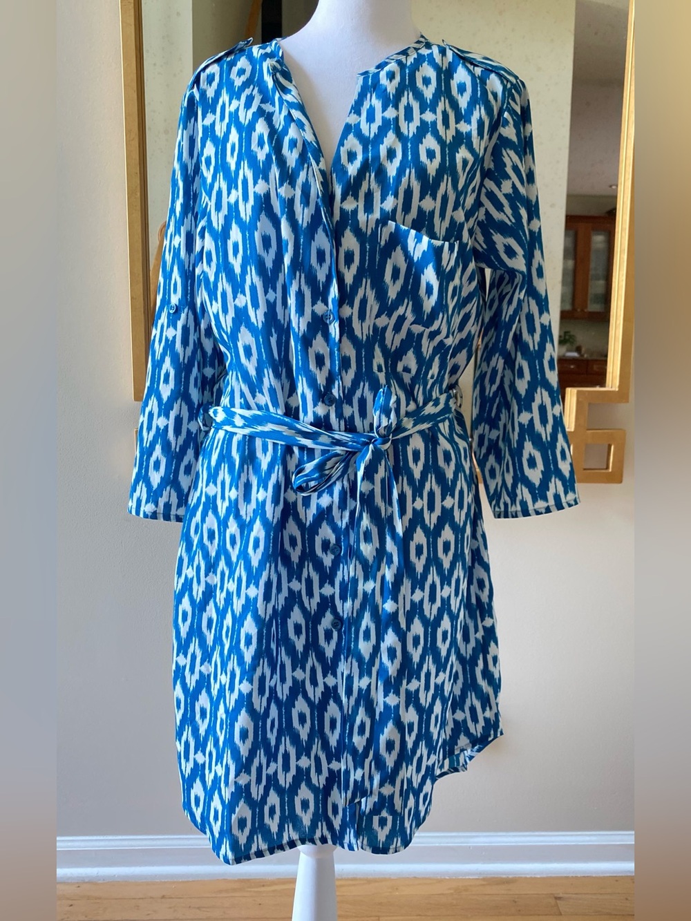 Anthropologie Maeve Blue Ikat Buttondown Tie belt 3/4 sleeve Waist Dress Large